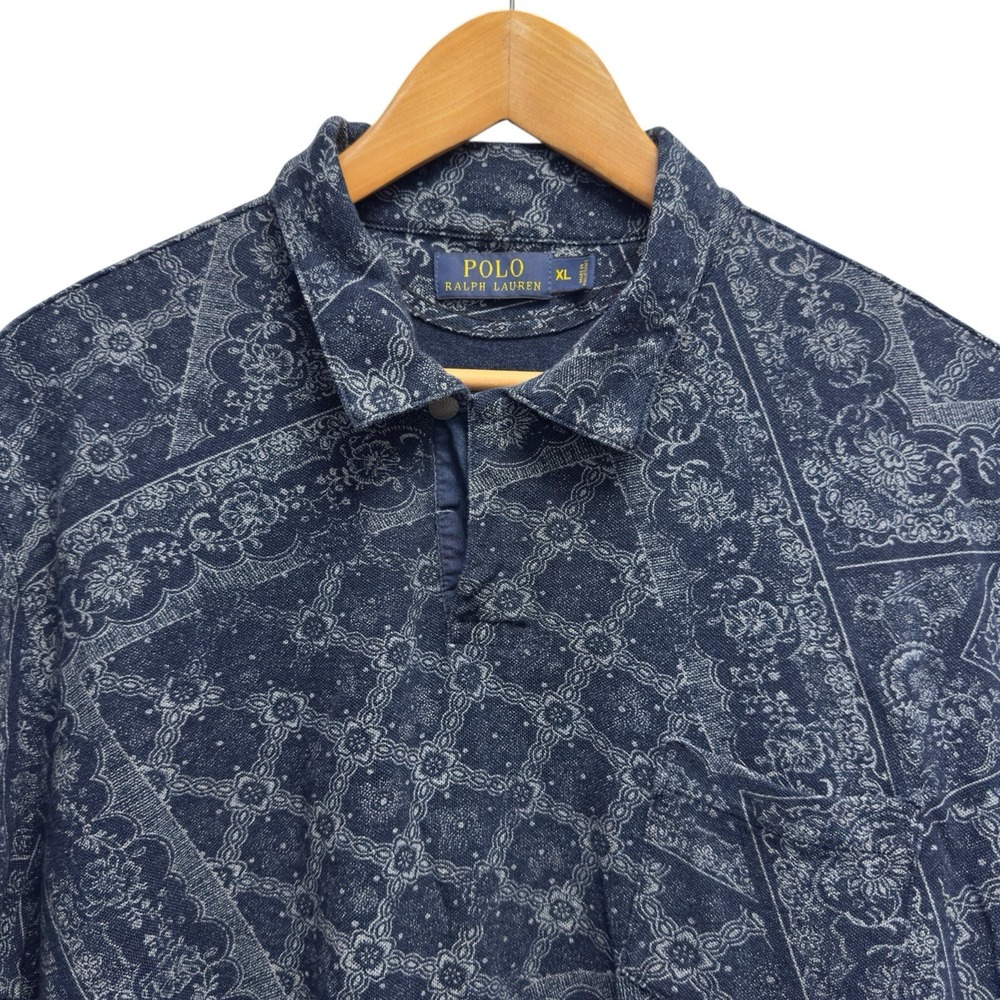 Polo Ralph Lauren Men's XL Navy Blue Floral Paisley Bandana Pique Polo Shirt euc